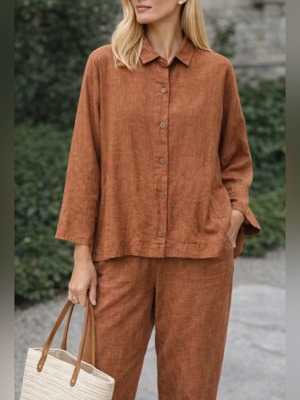 Eileen Fisher Womens Organic Washed Linen Rust Pant Set Top Pants Lagenlook Xxs